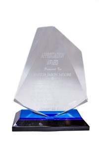 Glass and crystal award by The Achiever's Sports & Trophies Ltd., Ocho Rios, Jamaica