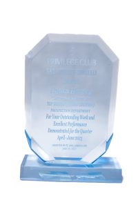Glass and crystal award by The Achiever's Sports & Trophies Ltd., Ocho Rios, Jamaica