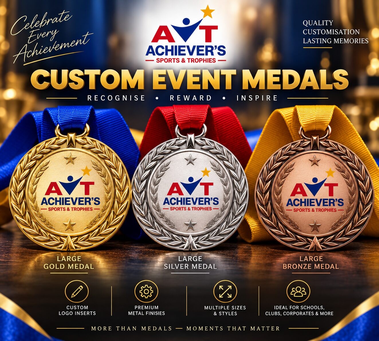 Large gold, silver and bronze custom event medals with Achiever's logo inserts