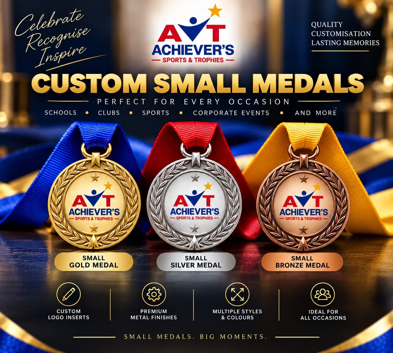 Small gold, silver and bronze custom medals with Achiever's logo inserts