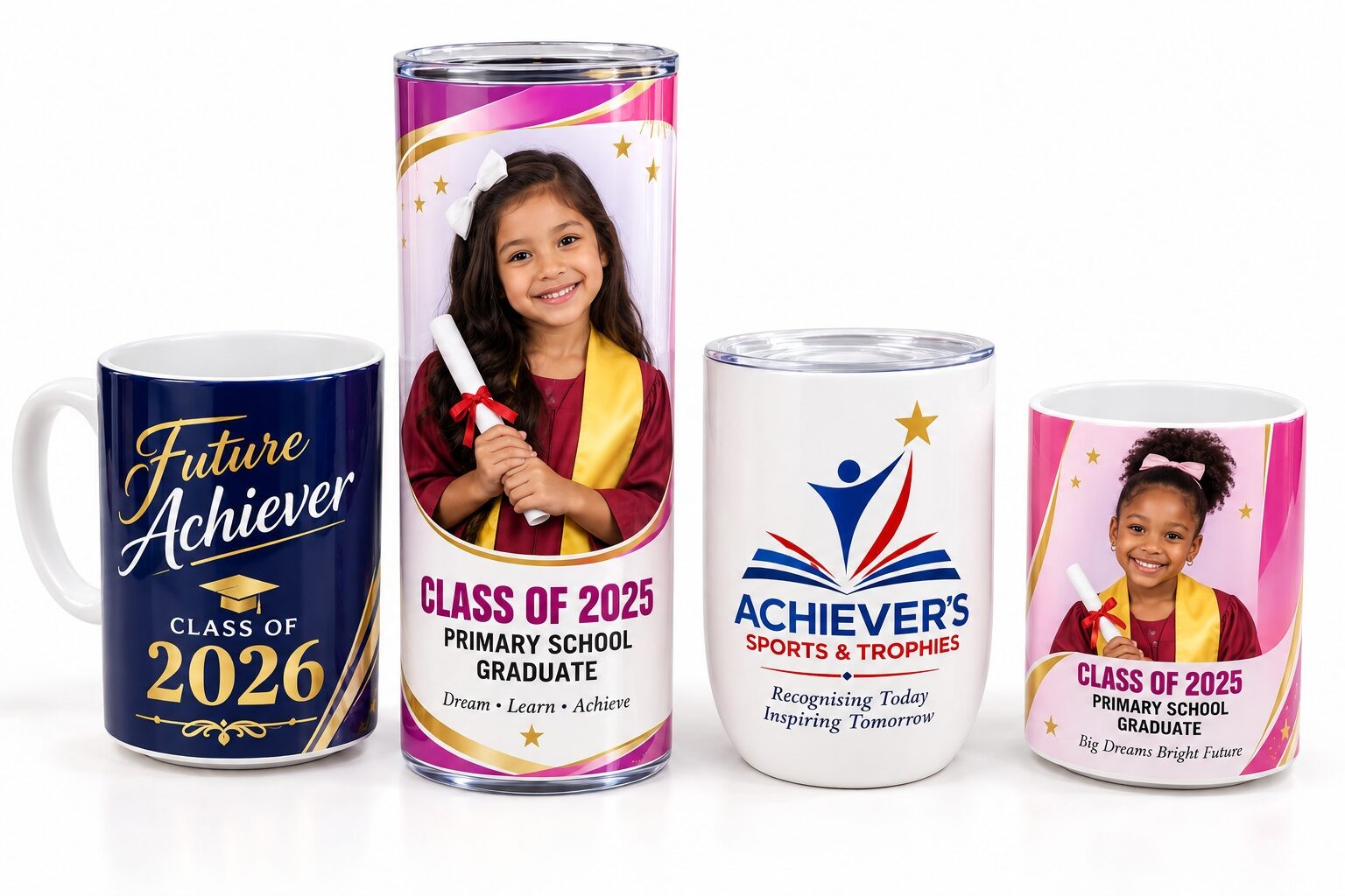 Personalised mugs and tumblers with graduation photos and the Achiever's logo